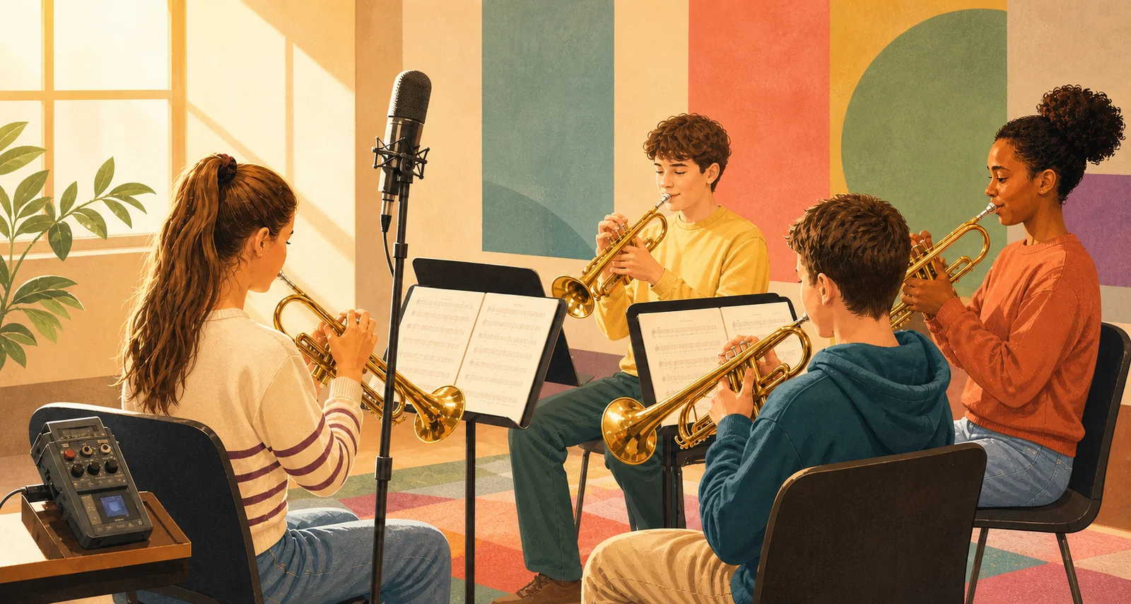 Illustration of four young trumpet players rehearsing together with music stands, a microphone and a recorder